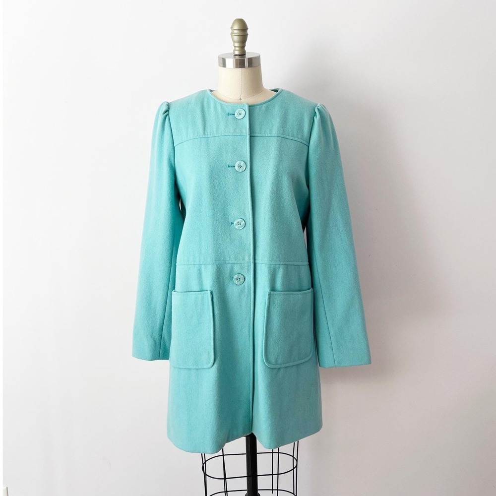 Mossimo Car Coat Turquoise Blue Wool Blend Puff Shoulder Mod Retro Style Medium